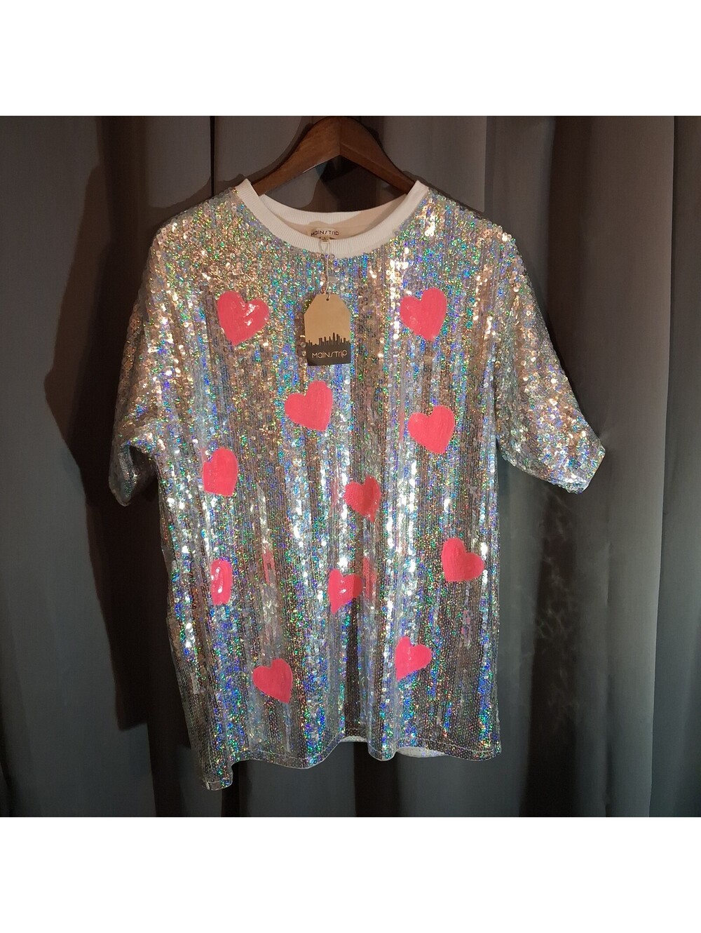 Mainstrip Large Sequin T-Shirt with Pink Heart Accents